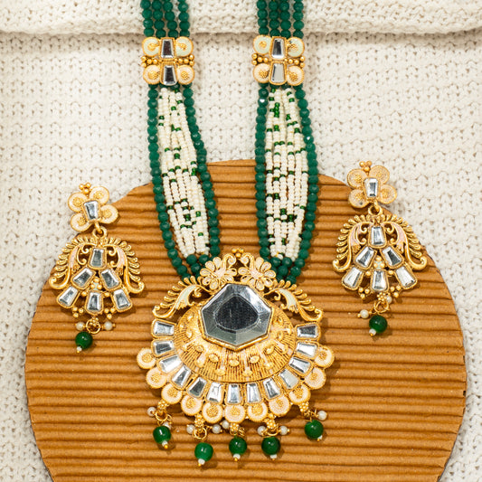 "Emerald Aura Kundan" Necklace & Earring Set, "Forest Jewel Grandeur" Set
