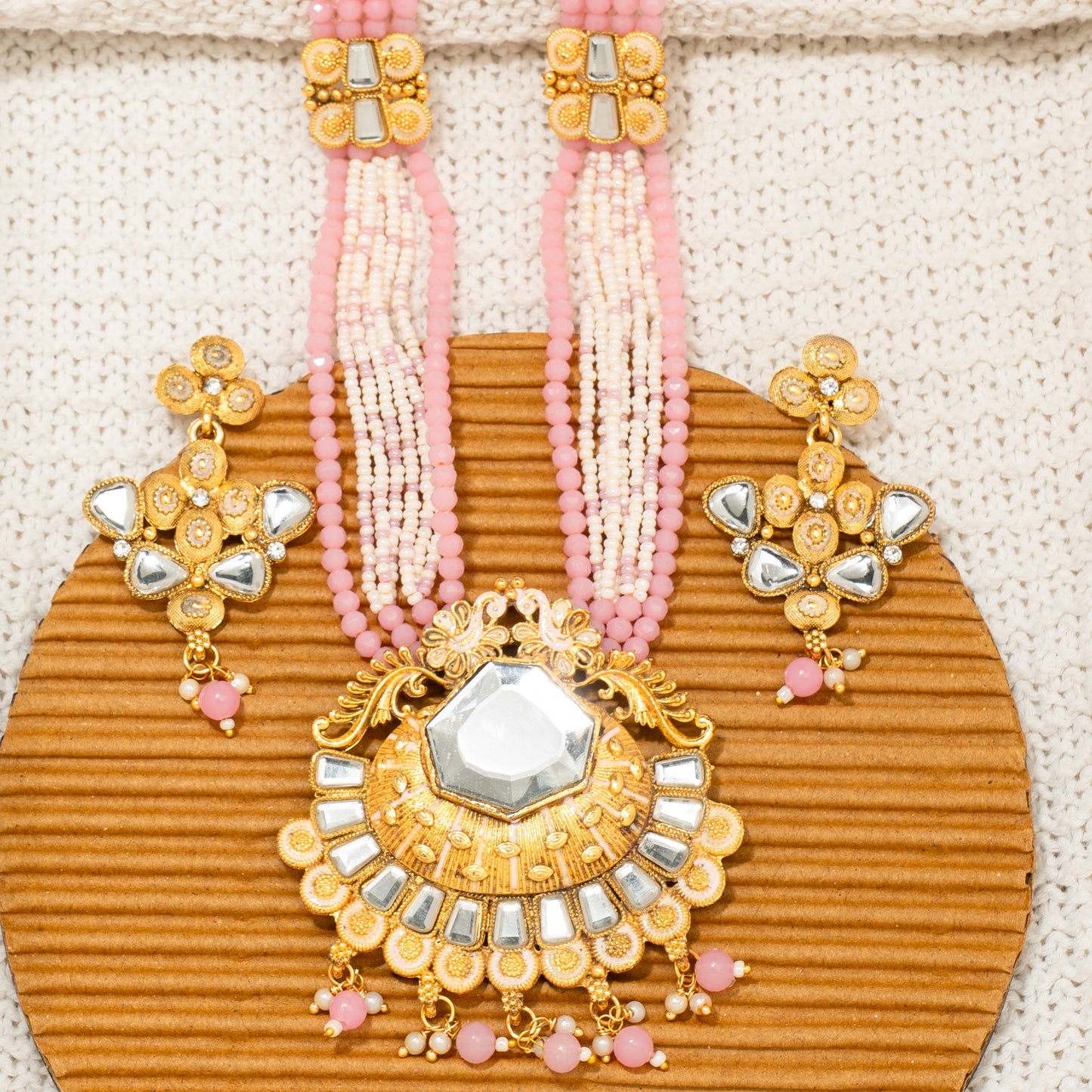 "Blush Bloom Kundan" Necklace & Earring Set, "Pink Pearl Majesty" Set