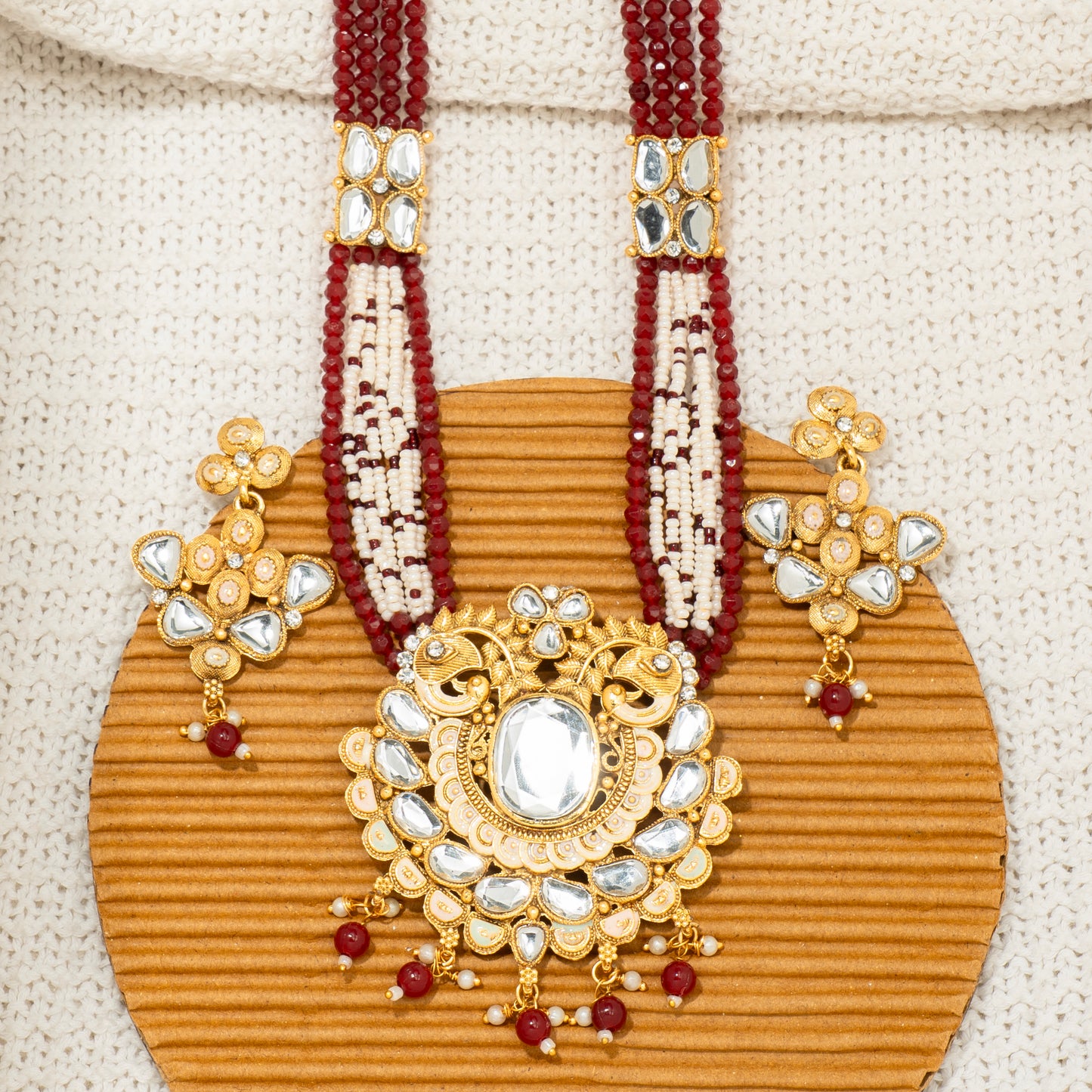 "Crimson Bead Kundan" Necklace & Earring Set, "Ruby Regalia" Set