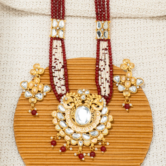 "Crimson Bead Kundan" Necklace & Earring Set, "Ruby Regalia" Set