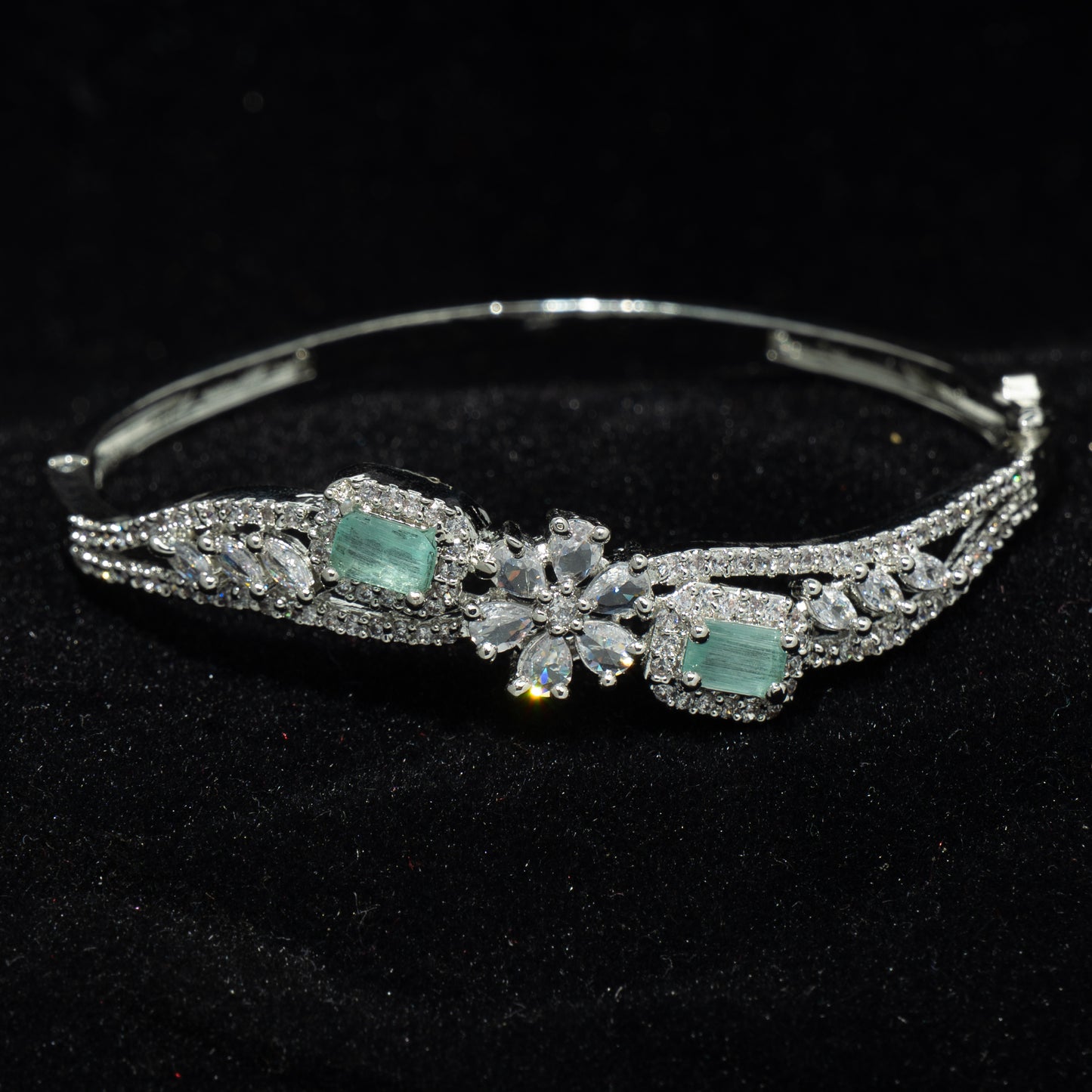 Silver Emerald Floral Bangle