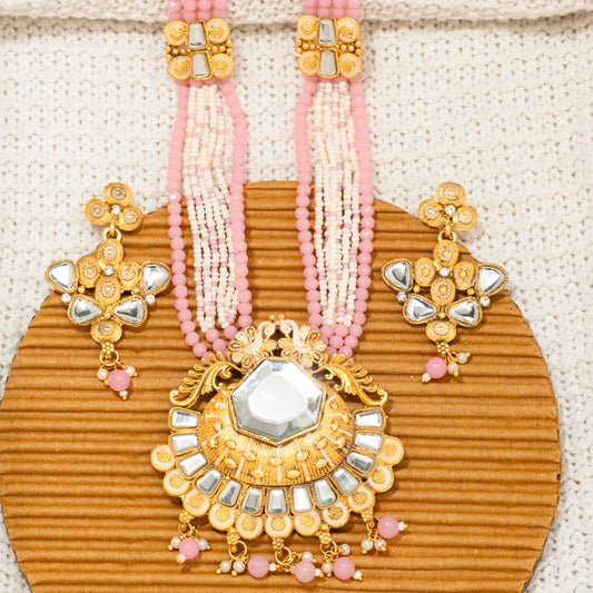 "Blush Bloom Kundan" Necklace & Earring Set, "Pink Pearl Majesty" Set